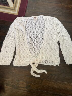 Faded Glory Cream Crochet Tie-Front Openwork Cardigan